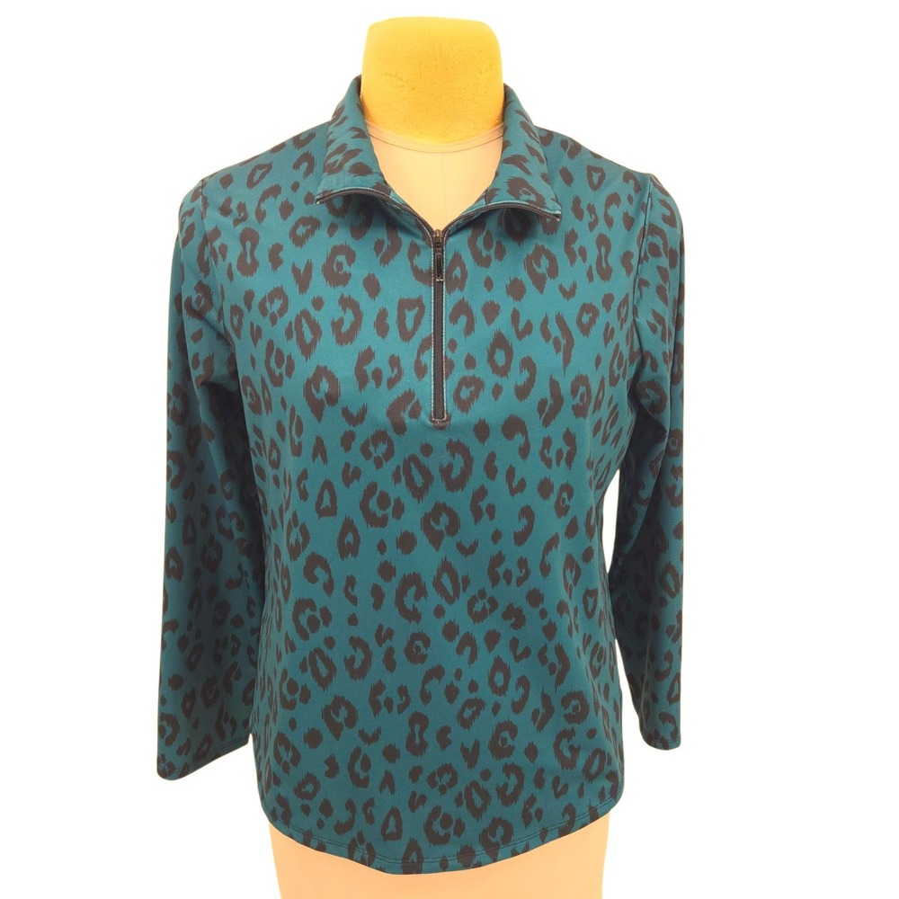 Chico's Quarter Zip Top Women Size 2 Forest Green Leopard Print Pullover Casual